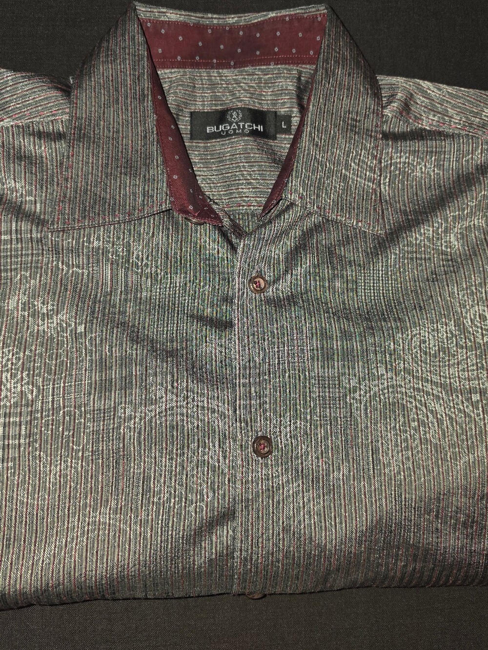 Bugatchi Multicolor Pinstripe Dress Shirt with Burgundy Contrast
